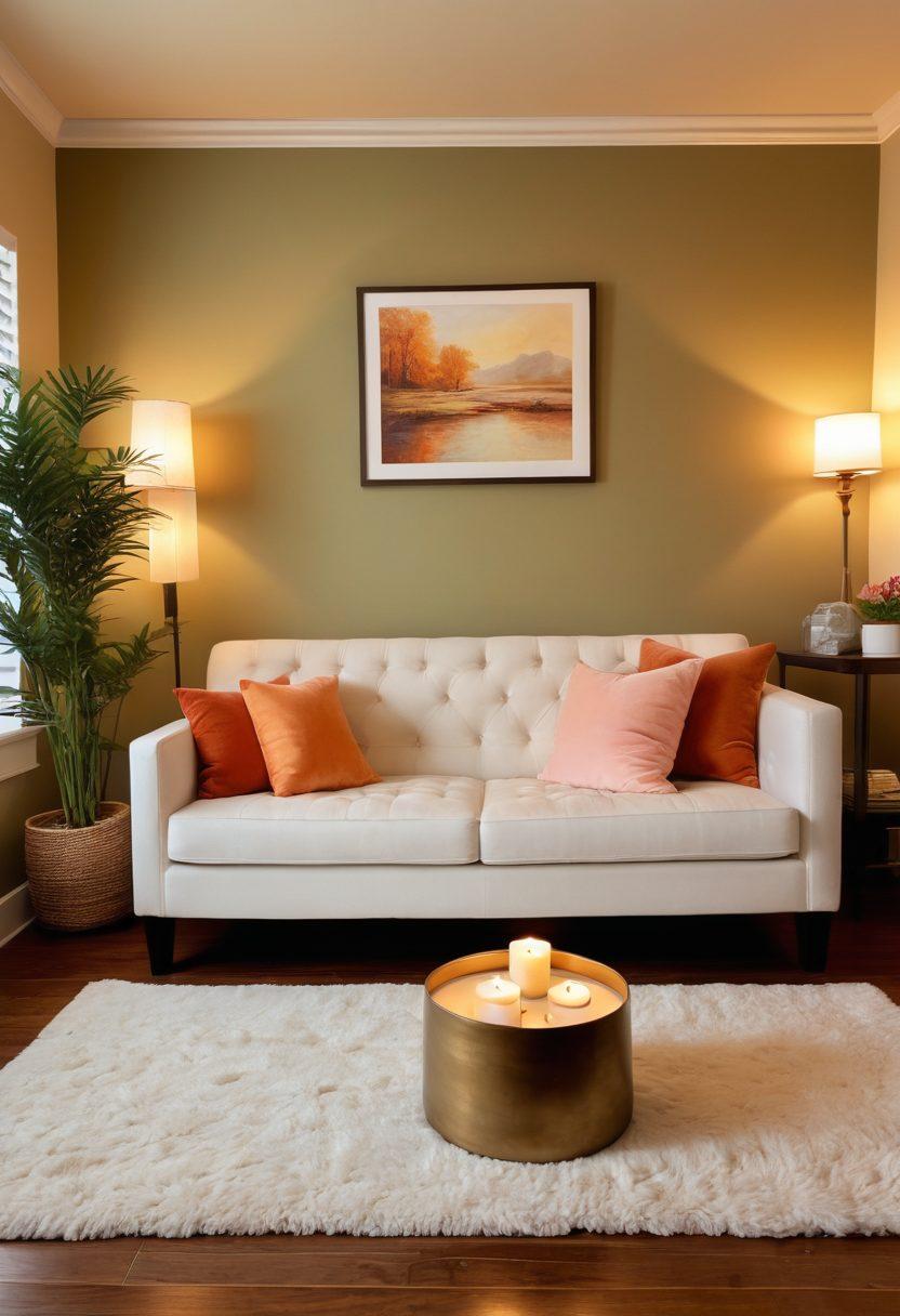 A serene and inviting therapy room with a soft, plush couch and calming decor, symbolizing couples therapy. In the background, there are subtle hints of intimacy like soft candles and romantic artwork. A delicate balance of warmth and sensuality, depicting a journey towards enhancing sexual health and connections. Include vibrant, soothing colors to create an inviting atmosphere. super-realistic. vibrant colors.