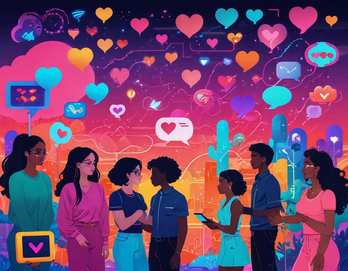 A vibrant digital landscape depicting diverse individuals connecting through various online platforms, showcasing elements of cyber sexuality like heart emojis, chat bubbles, and abstract symbols of intimacy. Include a sense of empowerment through bright colors and uplifting expressions, with futuristic elements such as neon lights and holograms. Illustrate inclusivity by representing various genders and orientations. dynamic composition. pixel art. bright colors.